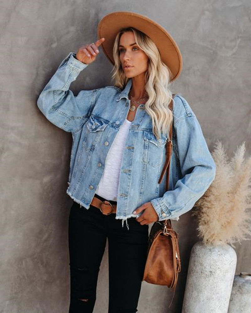 2021 Vår Höst Lös Street Hipster Dam Jeansjacka Burrs Långärmad Kort jeansjacka För Dam Jeans Plus Size_voghion.com