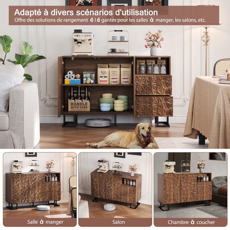 Beistellschrank 120x78,5cm Walnussoptik Mit Blattrelief, 2 Türen & 2 Schubladen_voghion.com