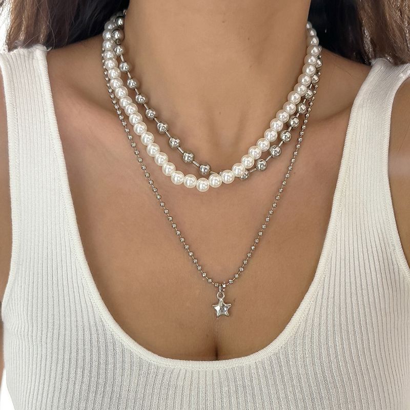 Colar com pingente criativo em forma de estrela e pérolas estilo férias de cores mistas_voghion.com