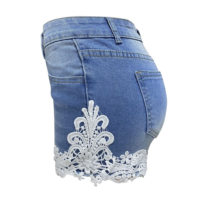 pantaloncini in denim da donna con cuciture in pizzo elastico dimagrante in stock_voghion.com
