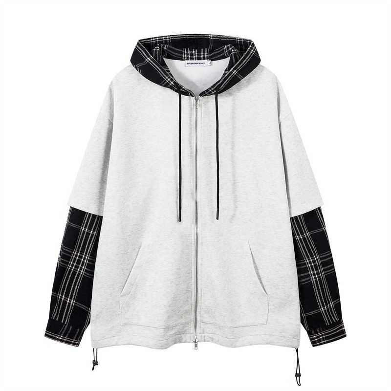 Felpa con cappuccio cardigan da uomo in due pezzi, stile college alla moda e ampio primaverile, lunga patchwork scozzese color-block_voghion.com