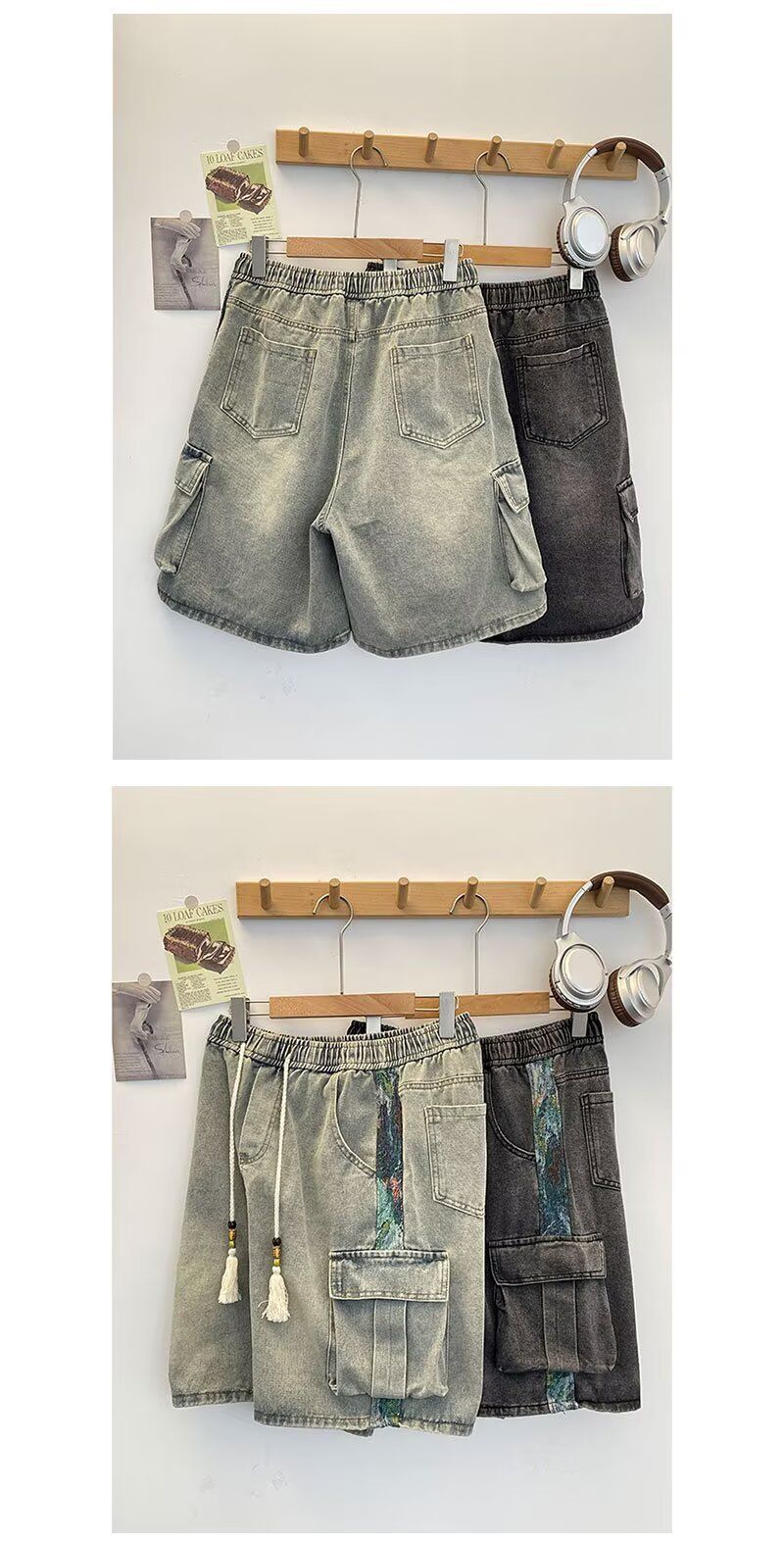 Men's Cargo Denim Shorts With Multiple Pockets, Loose Fit Casual Summer Shorts For Men, Stretchable Workwear Shorts In Grey/Blue/Yellow_voghion.com