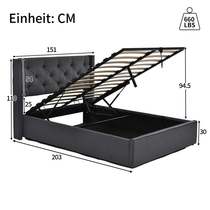 Cadre de lit coffre hydraulique avec sommier à lattes, lit double rembourré moderne 140 x 200 cm, tissu coton, gris, structure en métal_voghion.com