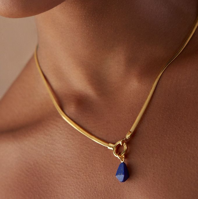 Titanium Steel Niche Natural Stone Lapis Lazuli Heavy Craft Necklace Pendant DIY High Color Retention Gold Plating_voghion.com