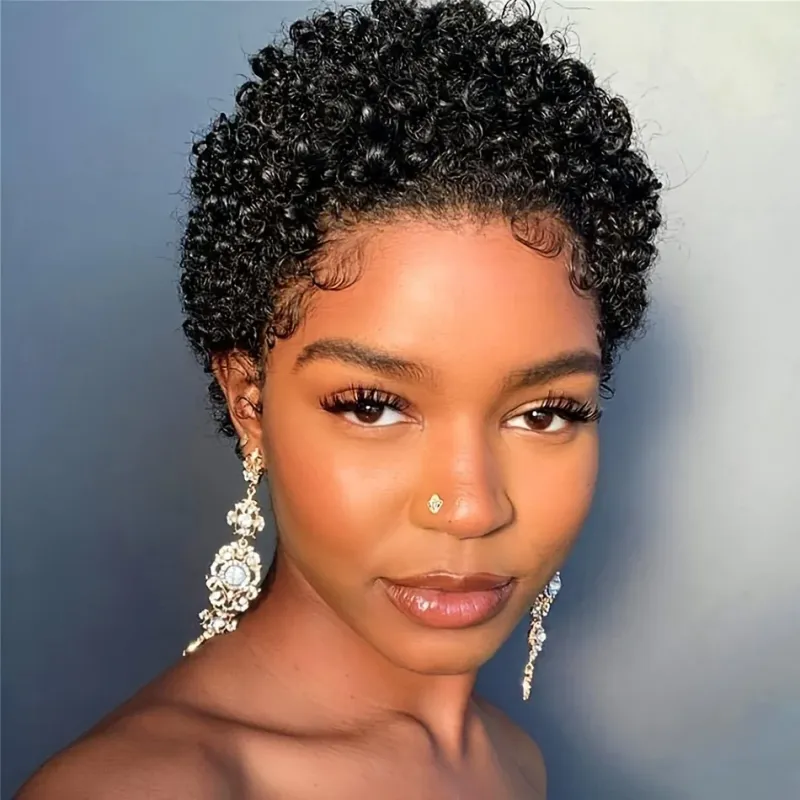 Parrucca corta afro riccia per capelli umani da donna, taglio pixie da 4 pollici, densità 150%, realizzata a macchina_voghion.com
