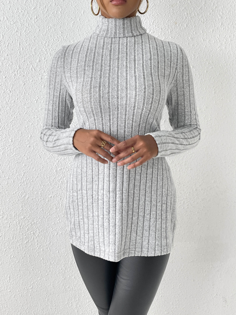 Women's turtleneck pullover slit slim-fit base pit striped medium length_voghion.com