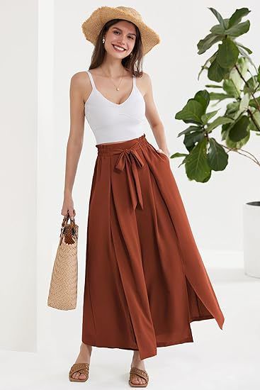 Calça Palazzo Feminina Leve, Casual, de Cintura Alta, com Bolsos e Fenda - Calça Larga e Flutuante para o Verão_voghion.com