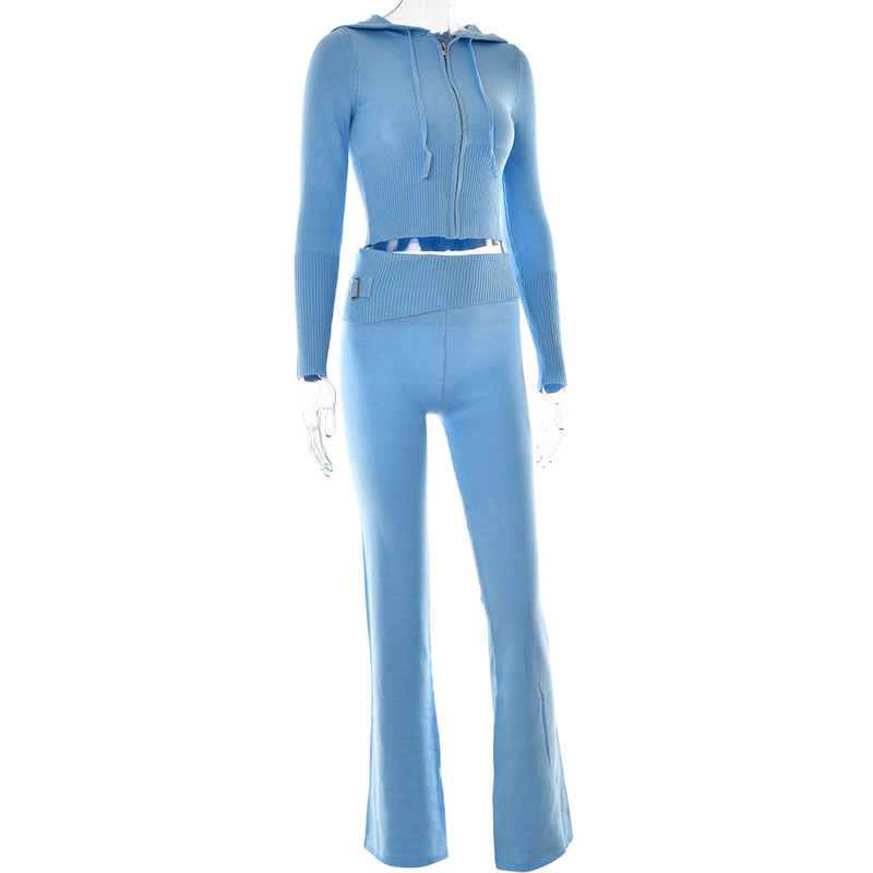 Women's knitted hooded suit women's fashion sexy high-waisted long-sleeved trousers two-piece set_voghion.com