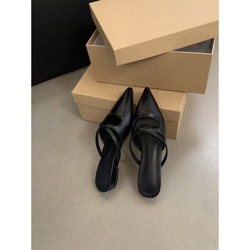 Mules basse da donna in morbida pelle con punta a punta, stile francese, per l'abbigliamento estivo all'aperto_voghion.com