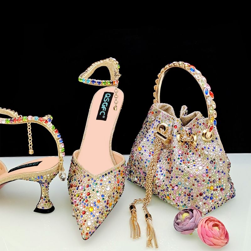 Damenschuhe, spitzes Schuh-/Taschenset für Damen, schlichtes, farbenfrohes, mit Strasssteinen verziertes Knöchelschnallen-Set mit Kette für den täglichen Gebrauch und Partys_voghion.com