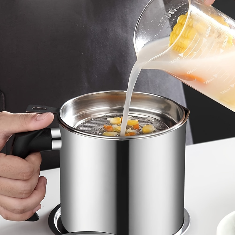 1pc Home Kitchen Container With Strainer Easy To Holding When Need Stainless Steel Made For Storage Cooking Oil And Grease 1.8L / 60 Oz_voghion.com