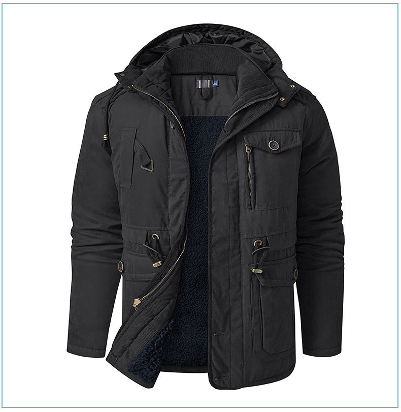 Men's Plus Size Shearling Hooded Cotton Jacket Thickened Multi-Pocket Cotton Top Casual Mid-Length Coat_voghion.com