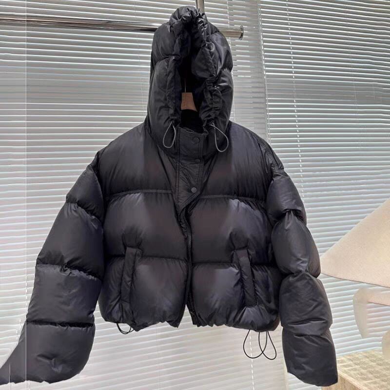 Women's Short Puffer Jacket With White Duck Down, Oversized Winter Coat For Petite, Korean Style Hooded Warm Outerwear_voghion.com