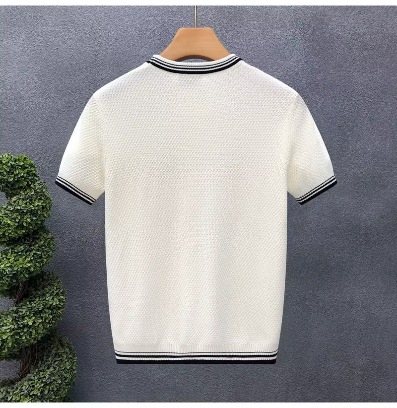 Colorblock gestreepte trui met korte mouwen voor heren, zomerse ijszijde, Britse business slim fit binnenshirt_voghion.com