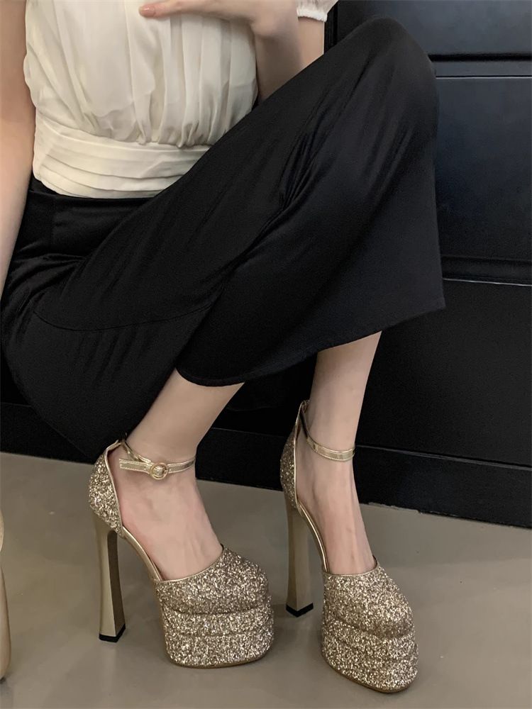 Gold High Heels 2025 Frühling Sommer Neue Mode Doppelte wasserdichte Plattform Dicke Unterseite High Heels Tragen Sie bequeme lässige tägliche leichte_voghion.com