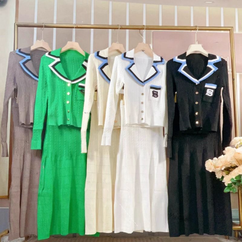 Completo da donna con risvolto e gonna in maglia, nuovo completo da donna slim fit, completo da due pezzi a maniche lunghe in maglia, molto venduto_voghion.com