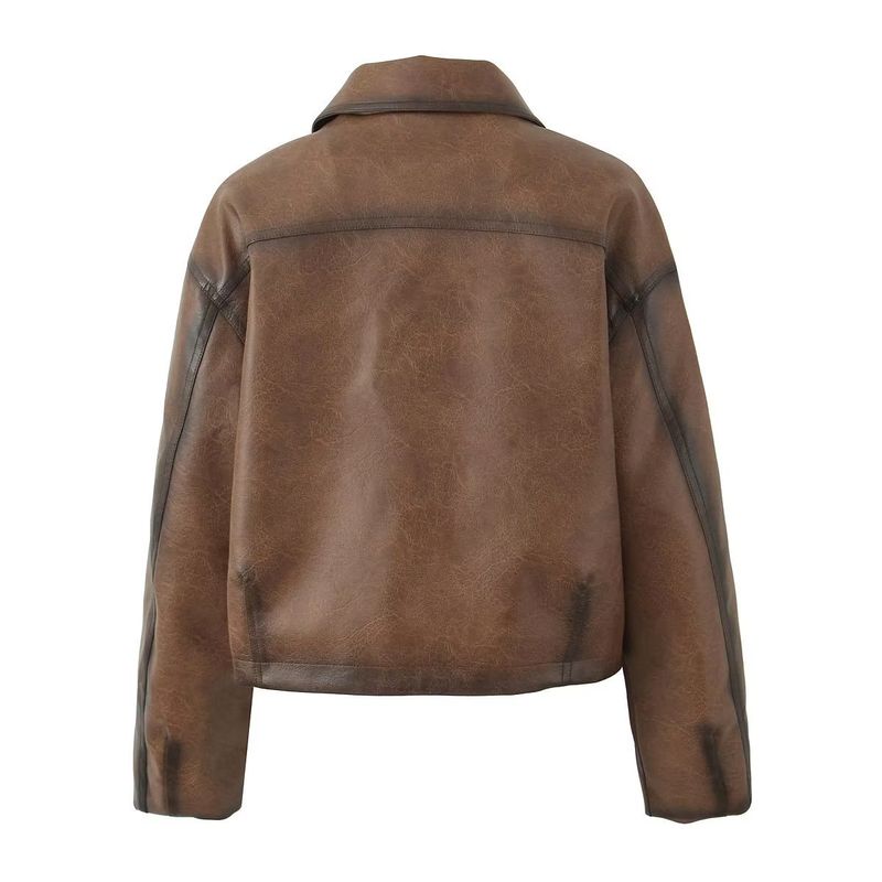 Damenbekleidung Vintage PU-Motorradjacke für Damen – Retro-Kurz-Bikerjacke mit Reverskragen und Taschen_voghion.com