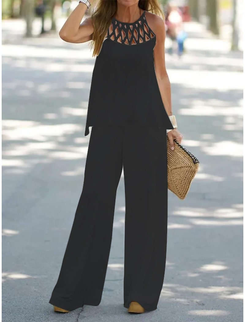 Women's casual fashion casual solid color mesh round neck sleeveless trousers two-piece set_voghion.com