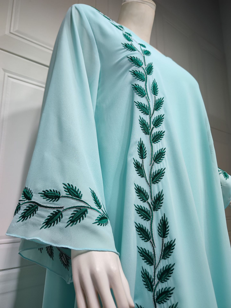 Damenmode Street Chiffon langes muslimisches besticktes rosafarbenes Rundhalskleid mit Hijab_voghion.com