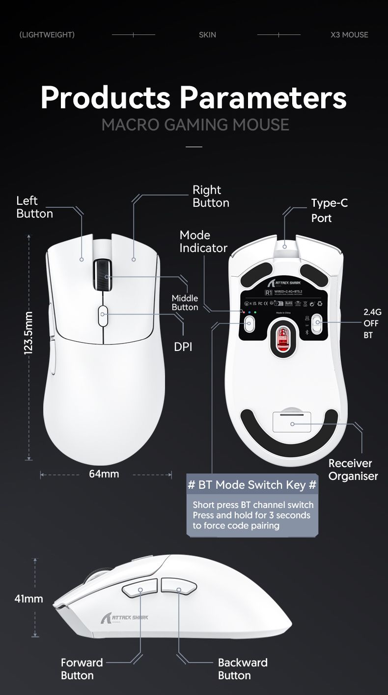R1 Superlight Maus Bluetooth 2,4 G Kabellose Gaming-Maus PixArt PAW3311 Gaming-Sensor 6 Einstellbare DPI Für Bürospiele_voghion.com