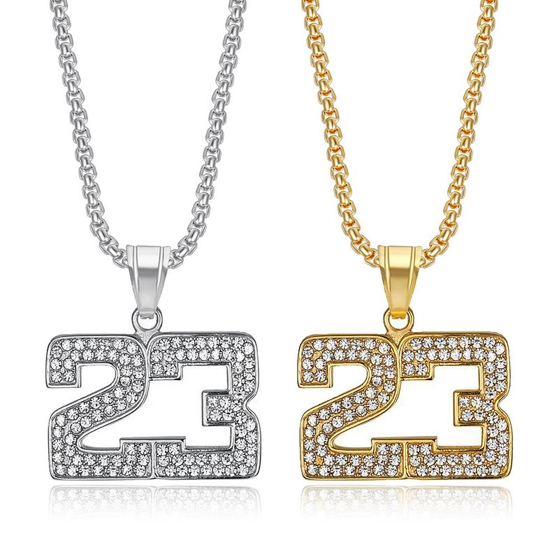 New Hip-Hop Jewelry Titanium Steel Gold-Plated Diamond-Studded Basketball Number 23 Pendant Necklace_voghion.com