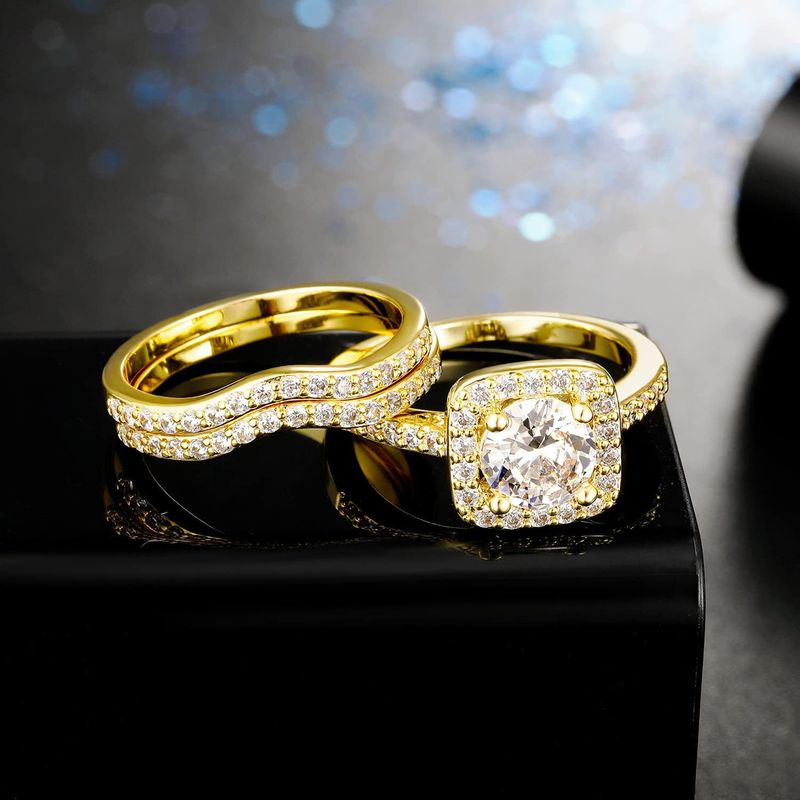 Ensemble de 3 bagues carrées empilables en zircon doré pour femme, élégantes et minimalistes, à superposer au quotidien, légères et luxueuses._voghion.com