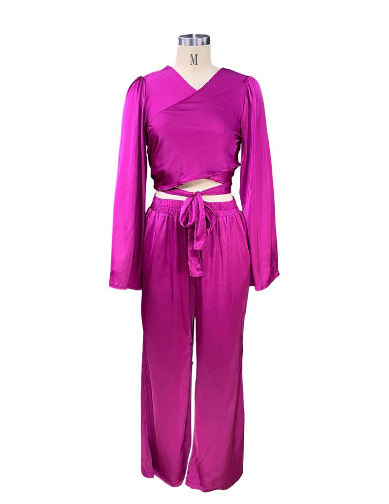 Autumn solid color long-sleeved tops straight trousers casual suit two-piece set_voghion.com