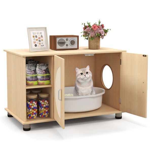 Cat Litter Box Enclosure With Sisal Scratching Doors And Adjustable Metal Feet_voghion.com