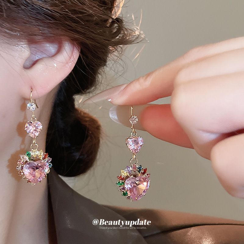 Set di orecchini con ciondolo a forma di cuore in zircone, squisito, super scintillante, elegante e alla moda, con catena per clavicola, leggero e lussuoso._voghion.com