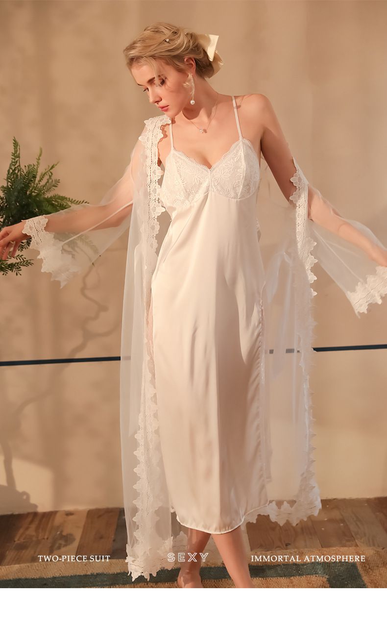 Elegantes Nachthemd- und Morgenmantel-Set mit Spitzenbesatz – Langes Kleid aus transparentem Netzstoff mit passendem Überwurf (S/M/L, Weiß, leichtes Polyester, verstellbare Träger)_voghion.com
