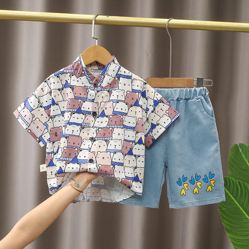 2024 Summer New Polo Neck Shirt Short sleeved Set, Boys' Casual Cowboy Shorts Two Piece Set_voghion.com