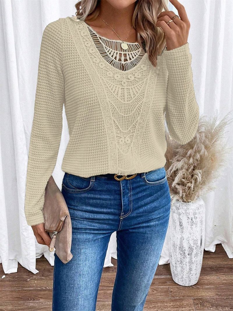 "Elegante Langarm-Spitzenbluse für Damen – Atmungsaktives Polyester-Mischgewebe, Rundhalsausschnitt, Lässig & Bequem, S-XXL"_voghion.com
