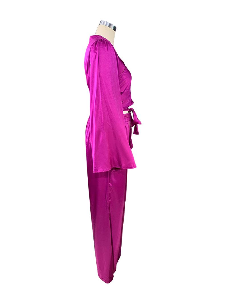 Autumn solid color long-sleeved tops straight trousers casual suit two-piece set_voghion.com
