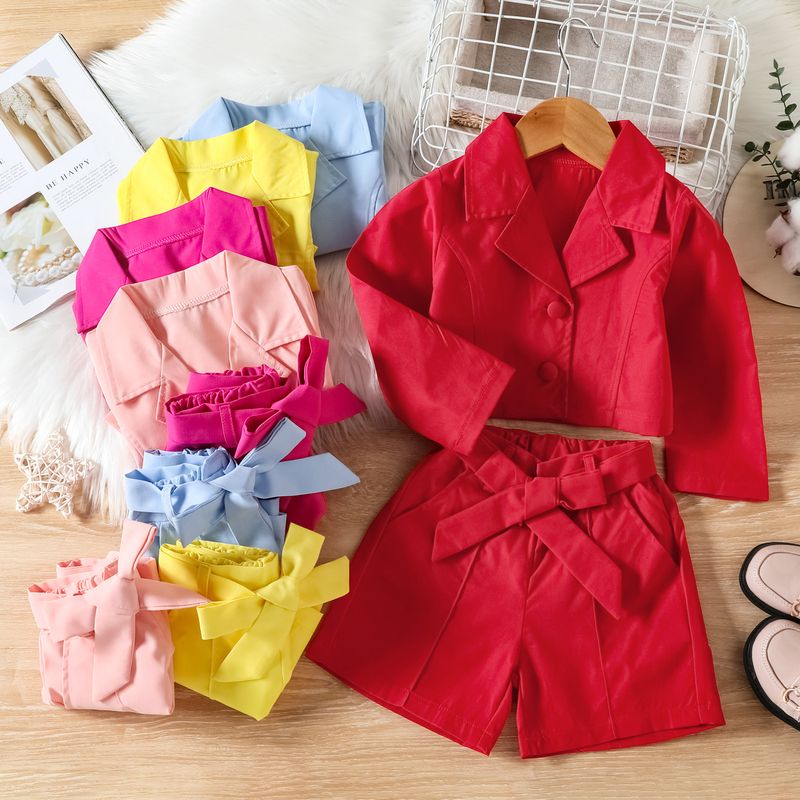 2024 Girls' Spring and Autumn New Style Solid Color Western style Collar Jacket, Suit Top, Coat, Shorts Set_voghion.com