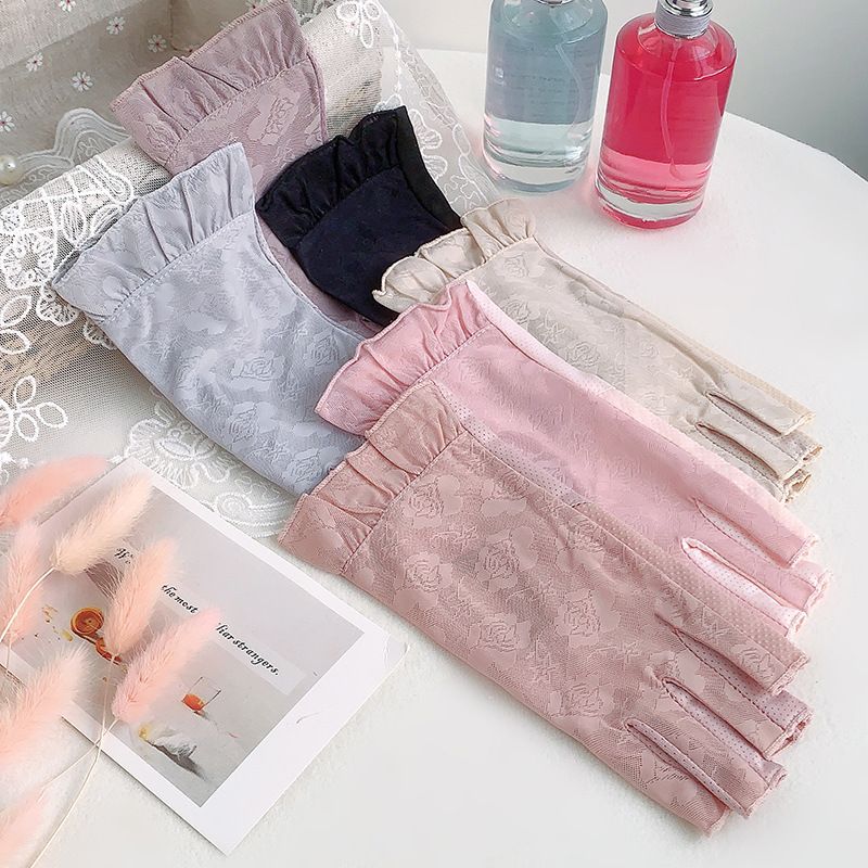 Damen Sommer Sonnencreme Spitze Blumen Fahren Radfahren Atmungsaktive Halbfingerhandschuhe Dünne Mesh Ice Silk Touchscreen_voghion.com