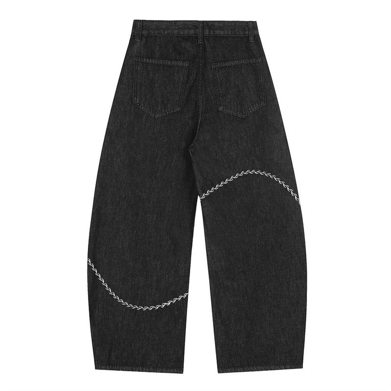 Luźne jeansy Scimitar dla mężczyzn, nieregularne linie, haftowany wzór, wyczucie osobowości, swobodne, szerokie nogawki, modne_voghion.com