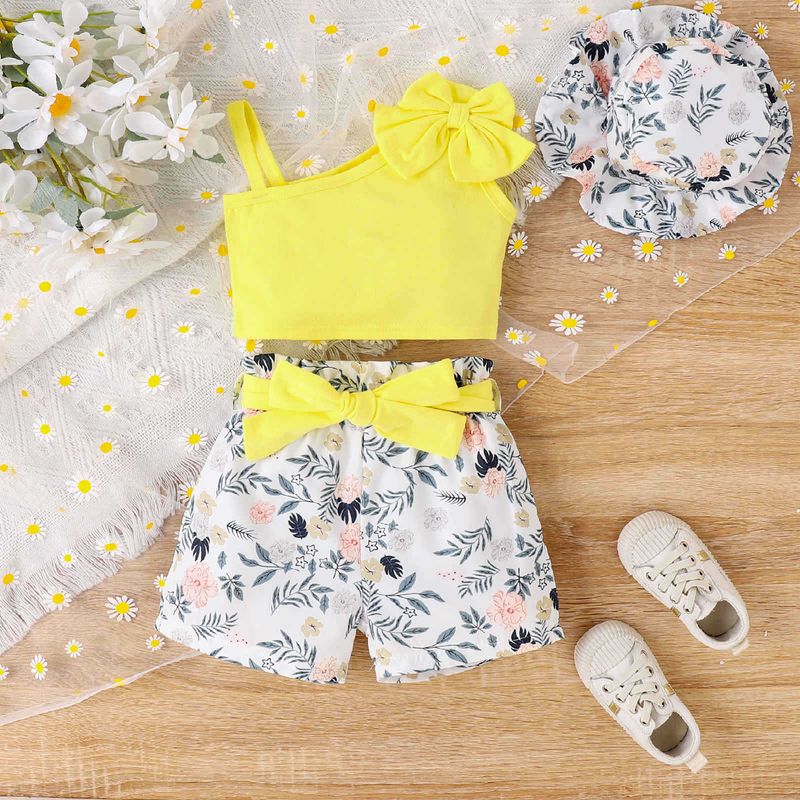 Summer small and medium-sized children's with diagonal shoulder suspender bow top, printed shorts, hat, girl's three_voghion.com