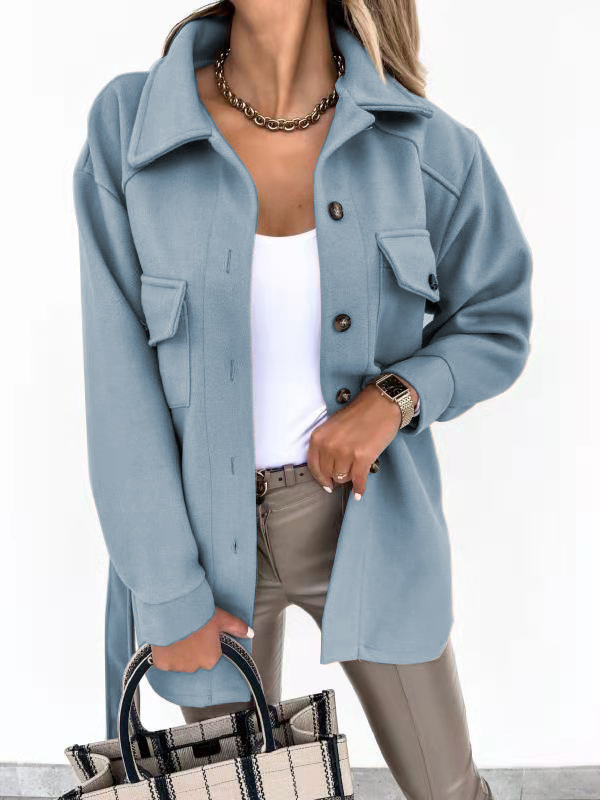Cappotto ampio in lana con camicia monopetto in tinta unita spessa con risvolto alla moda da donna_voghion.com