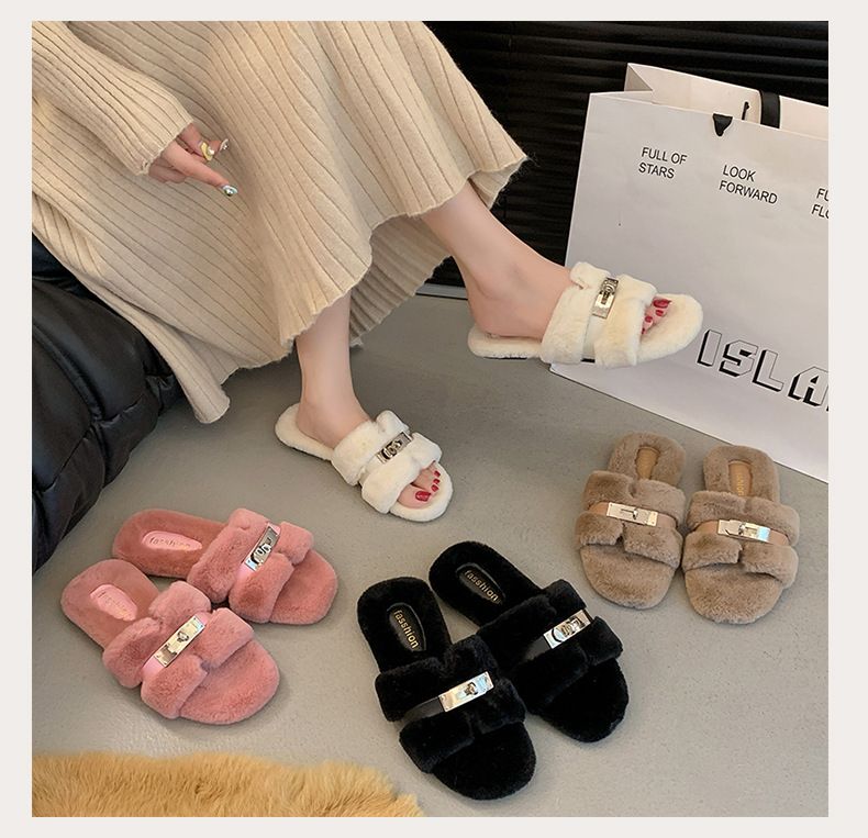 Chaussons poilus pour femmes, automne-hiver 2025, pantoufles d'extérieur en peluche à semelle plate en forme de H, pantoufles à semelle plate_voghion.com