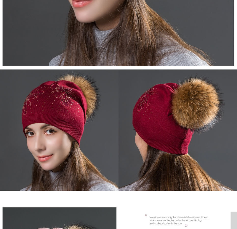 Women's Winter Fur Raccoon Ball Warm Hot Diamond Hollow Butterfly Knitted Versatile Fashion Pullover Hat_voghion.com