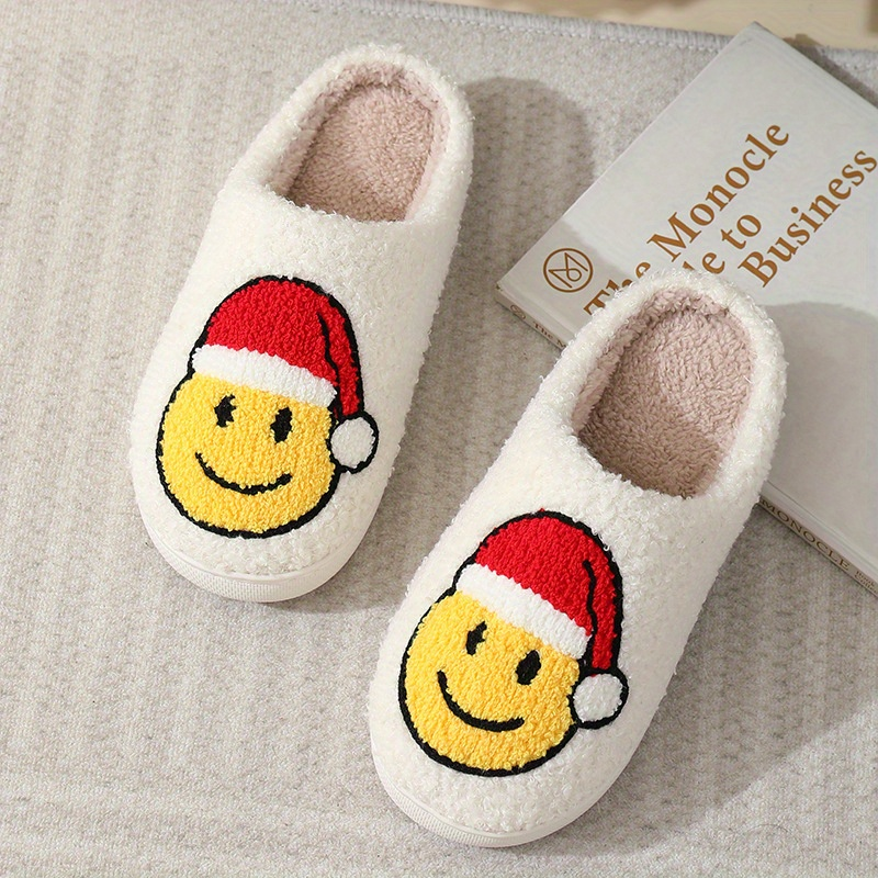 Damen-Hausschuhe mit Kawaii-Cartoon-Smiley, bequeme Schlupfschuhe mit Plüschfutter, warme Hausschuhe für Damen_voghion.com