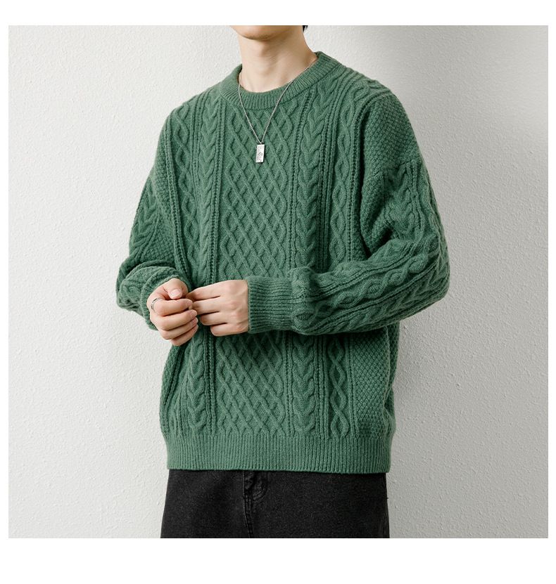 Herren-Zopfmusterpullover, warmer Winterpullover, Rundhalsausschnitt, dick gestrickte Basisschicht, lässig, lockere Passform, trendiger Pullover_voghion.com