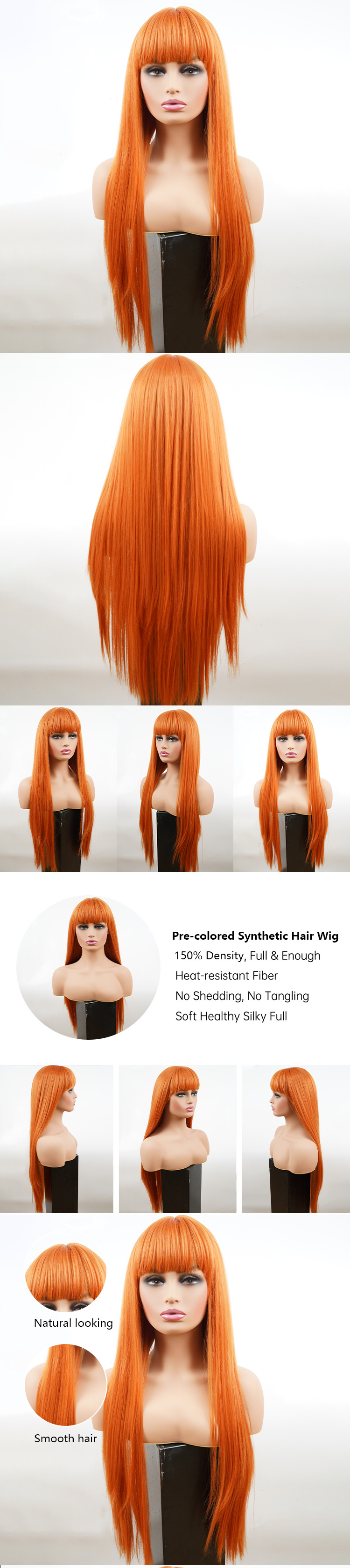 Synthetische Perücke, lange glatte Haarabdeckung aus Chemiefaser mit 26-Zoll-Hochtemperatur-Seidenmechanismus, orangefarbene Perücke aus rosafarbenem Netz_voghion.com