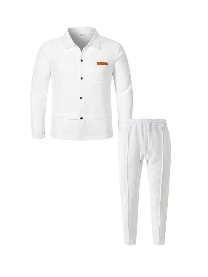 Herrenbekleidung, Waffelmuster, einfarbig, Reversknopf, Waffelstrick, einfarbig, Stehkragen, Knopfleiste vorne, Tasche, lange Ärmel, Jacke und Hose, lässiges Anzug-Set_voghion.com