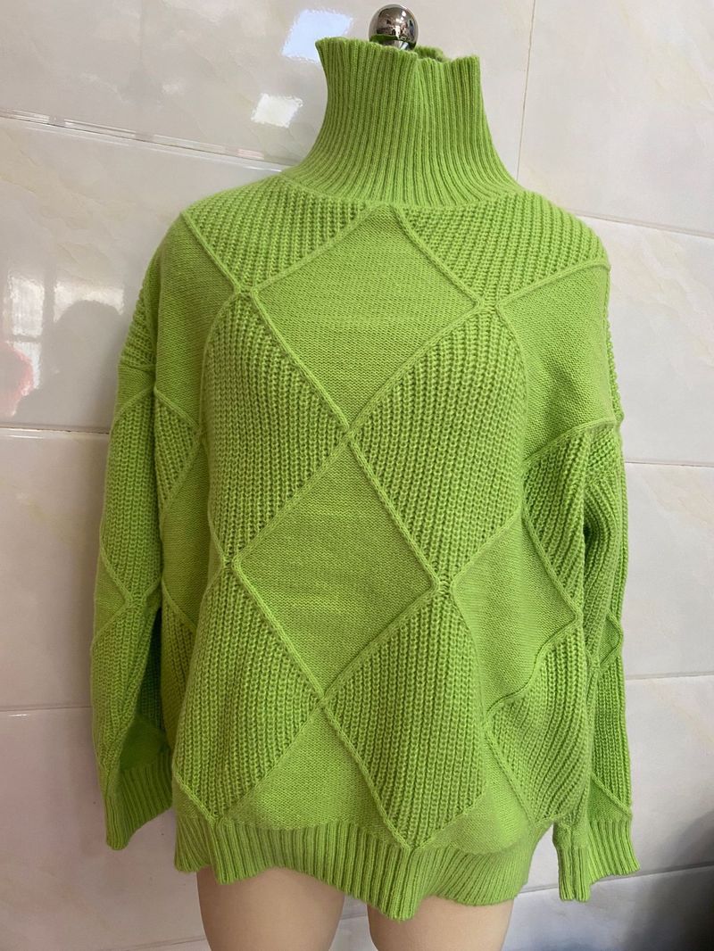 Cesur Geometrik Örgü Kazak - 3D Jakarlı Büyük Boy Yüksek Yaka Kazak (S-XL, Akrilik-Naylon Karışımı, Dondurma Renk Paleti)_voghion.com