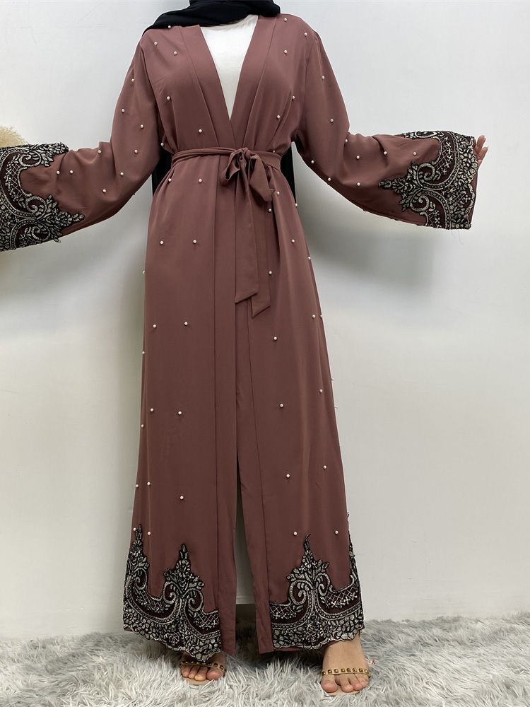 Heißer Verkauf Offene Abaya Frauen Kleidung Spitze Mit Perlen Design Muslimischen Mode Kimono Lange Kaftan Islamischen Dubai Kleider Für Frauen_voghion.com