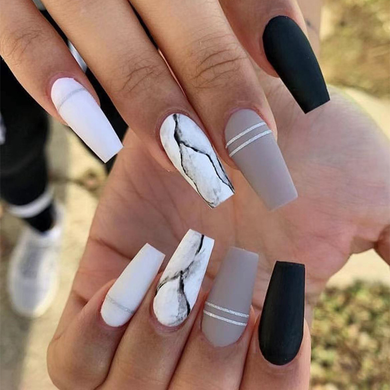 Ballerina Lange 24 Stück Französische Kunstnägel Matt Silber Linie Schwarz Weiß Marmor Künstliche Nägel Press On Nails Full Co_voghion.com