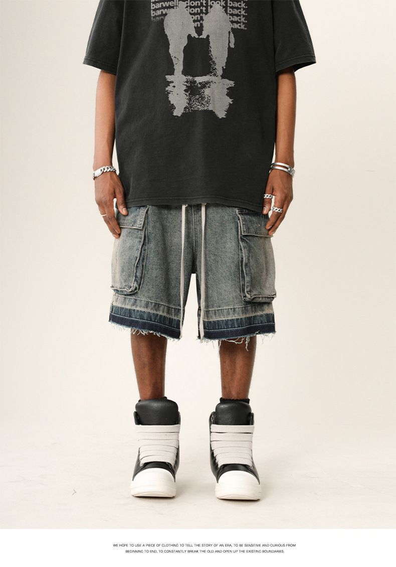 Herreklær High Street Vibe Vasket, slitt denimshorts med rå kanter Trendy merkevare Løse shorts med flere lommer_voghion.com