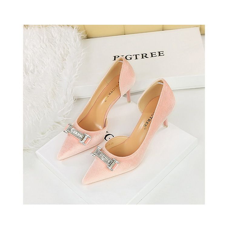 1363-AK80 Bankett High Heels Damen mit dünnen Absätzen, Wildlederoberfläche, flacher Öffnung, spitzer seitlicher Hohlmetall-Wasser_voghion.com