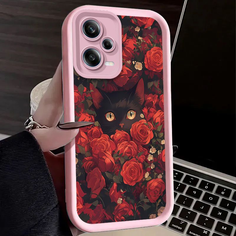 Juodas katės, rožės, gėlės ir jūros dėklas, skirtas „Xiaomi Redmi Note 13 12 11 Pro Plus 4G 5G 12S 11S 10S 10 9 9S Redmi 14C 13C 12C A3 12“ dangteliui_voghion.com